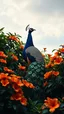 Placeholder: A stunning photograph of a peacock majestically perched amidst lush green foliage and vibrant orange flowers, creating a vivid contrast of colors. The peacock, with its intricate and dazzling tail feathers, stands out prominently against the darker hues of the surroundings. The flowers, with their soft petals, add a touch of warmth and beauty, while the background features a serene sky. The overall ambiance of the image is enchanting and peaceful, evoking feelings of wonder and admiration for na