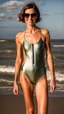 Placeholder: beautiful anorexic woman, standing frontal, full body shot, short shiny triathlon swimsuit, wavy bob haircut, photographed on the beach, raw, no shades