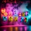 Placeholder: Hyper Realistic Photographic-View of Neon-Lighting-Comedy-Masks-Floating On A Cultural Stage with Cultural-Celebration & Cultural-Ornaments Wall Background With Fog showing Cinematic & Dramatic Ambiance.