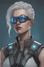 Placeholder: portrait of a cyberpunk army medic. arms are exposed black metal robot arms. she is wearing a grey sleeveless vest. middle-aged and has short grey hair slicked back from her face. she is wearing transparent blue eye protection.