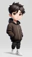 Placeholder: Create a 3d character of a male 27 years old, shaved, square face, brown eye, black hair, short hair and shaded both sides, wearing a black hoodie and a light brown puffy jacket, white shoes, in a white background, cute, chibi