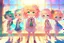 Placeholder: cute chibi holographic girls and boys in the school in sunshine