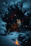 Placeholder: nyx as a fox living under the snow in a dark cave lit with fire