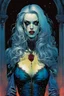 Placeholder: create a fine art print illustration of a seductive, Semnoni female vampire seeress, clothed in an ornate but ragged bliaud with highly detailed feminine facial features, bathed in a dread, pale light , shrouded in a fetid mist at midnight , in the comic book art style of Bill Sienkiewicz, and Jean Giraud Moebius, finely textured, drawn, colored, and inked