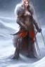 Placeholder: Beautiful warrior girl, wearing fantasy armor, glowing orange armor, snow mountain background, snow, fur cloak on back