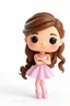 Placeholder: Funko figure of a very young female, smiling, long wavy soft brown hair, wearing a ballerina dress, pink dress, ballet, very cute, ballet pose,. typography, 3D render. White background
