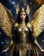 Placeholder: Photography A Length Super model Woman as Beautiful Archangel with wings made from metal craft,dressing luxurious golden and black color armor filigree fcombination fully crystals diamonds stone crystals,Cosmic Nebula Background