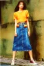 Placeholder: year 1996 denim fashion. Loose skirt, low waist. Colors: denim blue, blue, purple, cream, khaki, light green, lilac, plum, orange, terracotta, red, light yellow, lion yellow, pink, dark blue, beige. Steffi Graff, lara croft, algelica kallio,