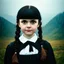 Placeholder: Wednesday addams at the mountains, with bangs and braids, autochrome, liminal atmosphere, its raining