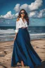 Placeholder: young lady wearing beautiful maxi blue skirt and elegant long shirt standing in beach posing to camera ,upper body shot,ships in sea ,blue sky nice clouds in background