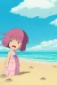 Placeholder: Beach scene a cute girl with pink hair, rock, calm water, fish, beautiful colors, fine detail, high quality, seashell, octopus, mystical