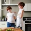 Placeholder: Realistic photo Russian shorthair beautiful tomboy boyish boylike young mother-in-future wide hips in kitchen