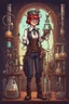 Placeholder: Crazy laboratory assistant with sickles in steampunk style, stardew valley style