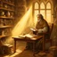 Placeholder: a stooped medieval genius in his study, sun rays, mist forming phantoms, by artist "Ingrid Umber",by artist "Sienna Lamberts"