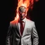 Placeholder: a scary man on fire wearing a white suit with a red tie who has no face