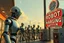 Placeholder: A cinematic wide-angle oil painting of a humanoid robot plugging a thick electric charging cable into its torso port at a futuristic charging station within a retro-style gas station. A long line of identical humanoid robots stands patiently behind, waiting for their turn to recharge. A large vintage-style sign to the side reads 'Electric Robot Charging Station.' The scene is bathed in golden-hour lighting, with rich, noisy colors, expressive thick brushstrokes, intricate steampunk elements, glo