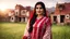 Placeholder: A photographic middle shot of a beautiful a young Pakistani pashto woman (age 25 with beautiful black hair and pretty eyes) in a beautiful traditional red and white checkered dress with white dupatta happily standing outside beautiful village houses made bricks with long grass and mountains behind her at beautiful cloudy sunset with sun-rays on her face showing cinematic And dramatic ambiance.