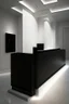 Placeholder: Museum reception desk with black walls, white floor, and hidden or rich lighting