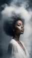 Placeholder: beautiful black women in white Smokey ethereal, heavenly background, portrait of beautiful woman