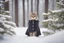 Placeholder: Cat in Wellensteyn coat, winter forest, pine trees, snowing, in sunshine