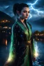 Placeholder: dark black eyes, female gorgeous elf, dark high ponytail hair, detailed glowing ornamental magical pattern robe, glowing gem crackling with lightning implanted on robe, 8k, high detail, lake background, midnight, facing viewer, front facing