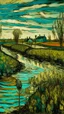 Placeholder: Blackish teal wetlands near a town painted by Vincent van Gogh