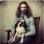 Placeholder: Awkward portrait Photo, 30 years old sitting on chair, serious look, long 1970 hair and mustasch, bland polaroid camera, holding a small dog, parrots