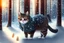 Placeholder: Cat in Wellensteyn coat, winter forest, pine trees, snowing, in sunshine