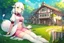 Placeholder: Farm, green grass, house, girl,white hair , sit on grass, cow's tail, cow's horne , cow's under, pink stomach,