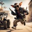 Placeholder: airbrush with pen outline, cool mad max pimp preacher gremlin holding automatic pistol, and jumping with a dune buggy against a wall wearing driver gloves, wearing flip down sun glasses, in the style of a fallout 4,bokeh like f/0.8, tilt-shift lens 8k, high detail, smooth render, down-light, unreal engine, prize winning