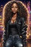 Placeholder: Create a digital airbrush cartoon of an African American female wearing a black jean outfit with timberland boots. Prominent make up with hazel eyes. She is wearing large diamond hoop earrings. Extremely highly detailed very long curly hair that shines. Background of a night club.