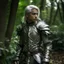 Placeholder: Please create an image for a young elven male with light brown skin, silver hair, and green eyes. He is standing outside in the forest during springtime, wearing leather armor. He is accompanied by a walking suit of armor