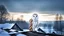 Placeholder: a barn owl sitting an old ruined rooftop and looking to te camera, over a winter landscacpe with european forest , little light, sunrise, one old ruined small hut from stands above, high detailed, sharp focuses, photorealistic, perspective, cinematic