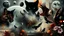 Placeholder: Digital collage of various images and elements such as animal faces, shadows, planets, fog, abstract symbols, haze, plants, flowers, maps, birds, angel wings, feathers, eyes, strange things, The collage consists of distorted and glitchy shapes and layers, Deep, dark colors, surreal mood, The images and elements are related to themes of surrealism, paranoia, thriller and conspiracy, nightmare.
