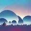 Placeholder: futuristic domes, multiple layers of silhouette landscape, with silhouette of futuristic domes, rocketships in the sky, sharp edges, at sunset, with heavy fog in air, vector style, horizon silhouette Landscape wallpaper by Alena Aenami, firewatch game style, vector style background