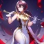 Placeholder: Clear focus, High resolution, Black red faded hair, low small ponytail, purple dead glowing eyes, white detailed split skirt, purple and white detailed sleeveless shirt up to neck, white gloves up to elbow, holding sword, gold necklace, white thigh high boots, zoomed out, (solo)