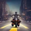 Placeholder: Fire skeleton Rider wearing a black leather on black motorcycle in the middle of street rounded by high tower