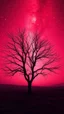 Placeholder: A rear view , of red tree with no leaves in a distance ,in romantic themes in the background is a vivid red sky stars and milky way galaxy and the blighting creates a dramatic and otherworldly atmosphere