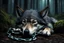 Placeholder: sad small scruffy wolf sleeping with a chain around its neck, photorealistic, dark fantasy, forest