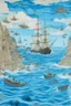 Placeholder: A pale blue underwater cove with pirate ships designed in Australian aboriginal art painted by Katsushika Hokusai