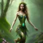 Placeholder: upper body of yohan diniz, fast walker, as a young cute feminine woman, short hair, green forest background, stream, mega flowers, tiny birds of many colors,peacock