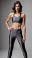 Placeholder: photography of a beautiful anorexic woman, anthracite satin triathlon top, sports illustrated, brunette short wavy bob haircut, pronounced sternum, flat chest, anthracite short leggins