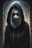 Placeholder: A white-skinned human girl wearing a black hoodie, a brooch and a black mask covering her face, and nothing of her facial features is visible. She looks down. She is in a worn-out stone basement with moonlight entering it. It looks terrifying and is filled with ghosts and spirits.