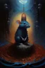 Placeholder: 1970's dark fantasy cover dnd style oil painting of an holographic coronation of a rat in the mist with minimalist far perspective in an abstract pattern background.