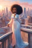 Placeholder: The scene opens onto a serene balcony overlooking a bustling city skyline. The sky above is painted in soft hues of blue and peach as the sun begins its descent, casting a warm glow over everything it touches. In the foreground stands a captivating figure, airbrush chibi cartoon curvy black woman exuding confidence and elegance. She is adorned in a flowing white knit maxi dress that hugs her curves in all the right places, accentuating her silhouette. Her choice of footwear is equally stunning