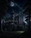 Placeholder: Moon, black night, shadowy old castle, dark forest in the background,HDR,UHD,8K, best quality, masterpiece, Highly detailed, ultra-fine painting