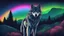 Placeholder: humanoid looking wolf, turning to face you, dark forest background, glowing eyes. staring, starry night sky, dark rainbow gradient sky, standing at the top of a mountain, howling to the moon, aurora borealis