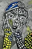 Placeholder: tribal man in grief with hands on face crazy shapes pencil draw style of roy lichtenstein