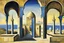 Placeholder: an open gothic_arab gate in a blue-tiled wall with a view of an old city by artist "de Chirico",by artist "Leonora Carrington"