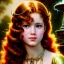 Placeholder: Hyperdetailed oil on canvas, young robyn lively by an ornate fountain, goldfish pond, lotus, detailed face, long muti-hued red curly hair; by gaspar camps, maxfield parrish, alphonse mucha, cyril rolando, dan mumford; luminous colorful sparkles, glitter, airbrush, octane render, volumetric lighting, 16k